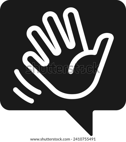 Saying hello black glyph icon. Greeting chat bubble with waving hand. Communication on social media. Silhouette symbol on white space. Solid pictogram. Vector isolated illustration