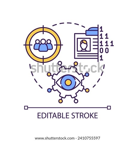 Hyper surveillance concept icon. Monitor group of citizens. Personality detection. Digital system abstract idea thin line illustration. Isolated outline drawing. Editable stroke. Arial font used
