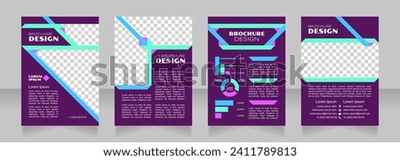 Production efficiency purple blank brochure design. Template set with copy space for text. Premade corporate reports collection. Editable 4 paper pages. Syncopate, Poller One, Arial Regular fonts used