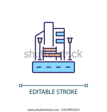 Public space RGB color icon. Urban environment. Modern architecture. City street. Transport infrastructure. Real estate. Isolated vector illustration. Simple filled line drawing. Editable stroke