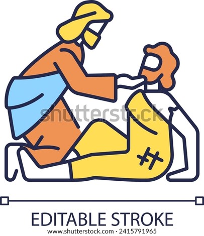 Good samaritan RGB color icon. Parable told by Jesus Christ. Samaritan helps injured traveler. Human salvation. Isolated vector illustration. Simple filled line drawing. Editable stroke