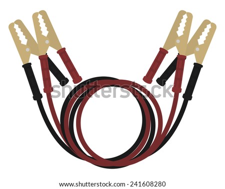Car jumper power cables. Red and black wire, cooper clamps. Color vector no outline illustration isolated on white 