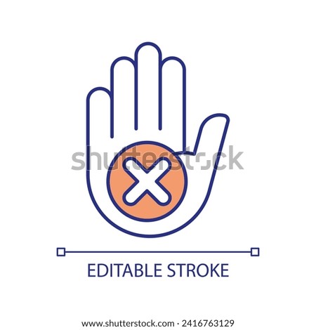 Stop hand sign RGB color icon. Stop gesture. No touching. No entry. Denied access. Not approved. Restricted area. Isolated vector illustration. Simple filled line drawing. Editable stroke