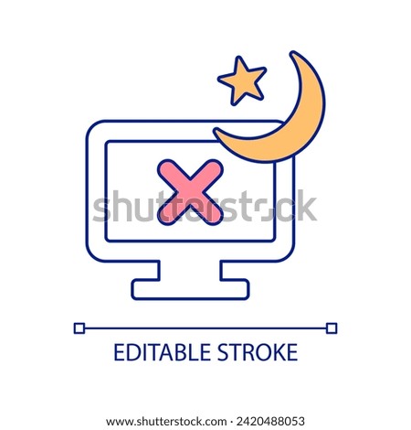 Avoid night screen time RGB color icon. Stop working at non-work time. Decrease late computer using. Isolated vector illustration. Simple filled line drawing. Editable stroke. Arial font used