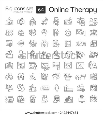 2D editable black big line icons set representing online therapy, isolated vector, linear illustration.