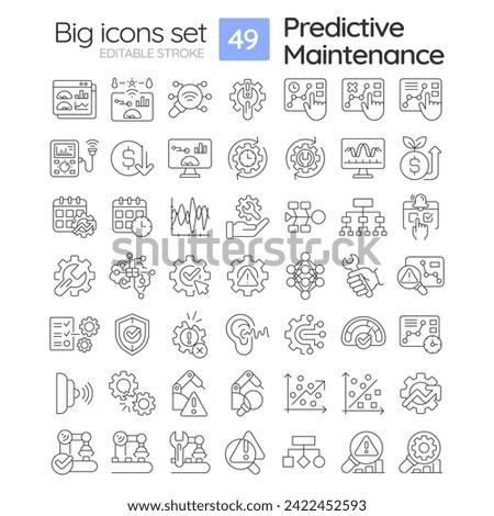 2D editable black big thin line icons set representing predictive maintenance, isolated vector, linear illustration.