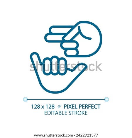 Deaf sign language light blue icon. Nonverbal communication. Hearing loss service. Deaf asl learning. RGB color sign. Simple design. Web symbol. Contour line. Flat illustration. Isolated object