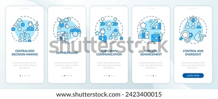 Hierarchical structure blue onboarding mobile app screen. Management walkthrough 5 steps editable graphic instructions with linear concepts. UI, UX, GUI template. Myriad Pro-Bold, Regular fonts used