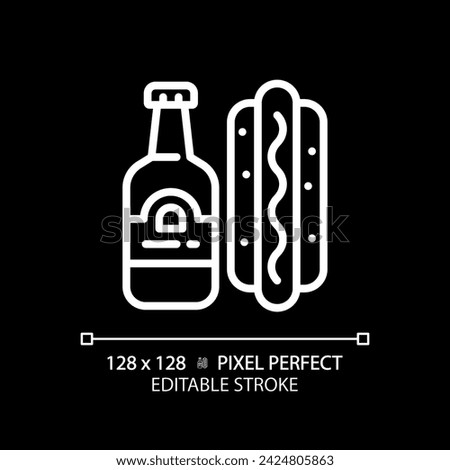 Snack white linear icon for dark theme. American football match. Fast food. Hotdog and beer. Football food. Barbecue party. Thin line illustration. Isolated symbol for night mode. Editable stroke