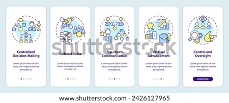 Hierarchical structure onboarding mobile app screen. Management walkthrough 5 steps editable graphic instructions with linear concepts. UI, UX, GUI template. Myriad Pro-Bold, Regular fonts used