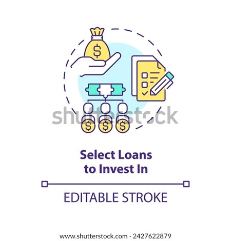 Select loans to invest in multi color concept icon. Choose loans to fund. Peer-to-peer lending. Investment. Round shape line illustration. Abstract idea. Graphic design. Easy to use in marketing