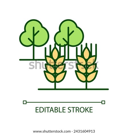 Farming and gardening RGB color icon. Growing trees. Farm harvest. Plantation of rye and wheat. Isolated vector illustration. Simple filled line drawing. Editable stroke. Arial font used