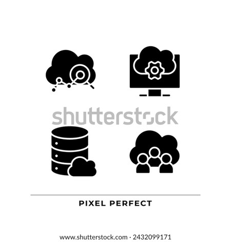 Cloud based service black glyph icons set on white space. Users access to data on internet. Virtual storage settings. Silhouette symbols. Solid pictogram pack. Vector isolated illustration