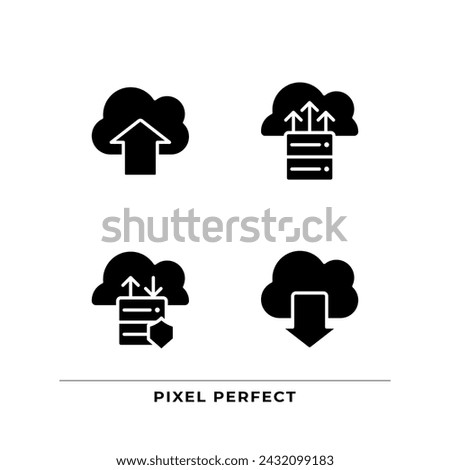 Data exchange via cloud resources black glyph icons set on white space. Upload and download files on virtual storage. Silhouette symbols. Solid pictogram pack. Vector isolated illustration