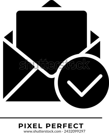 Letter with check mark black glyph icon. Read message symbol. Open envelope with paper and tick. Email communication. Silhouette symbol on white space. Solid pictogram. Vector isolated illustration