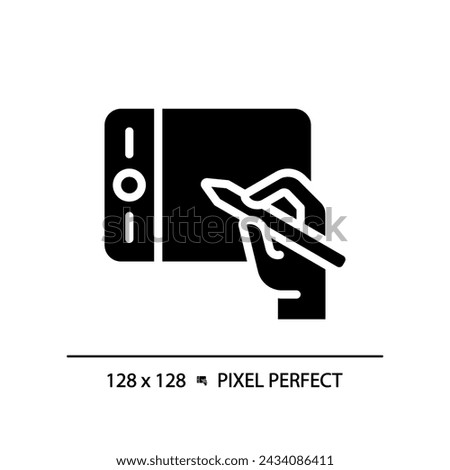 Hand with graphic tablet pixel perfect black glyph icon. Designer instrument. Digital device for artworks creation. Silhouette symbol on white space. Solid pictogram. Vector isolated illustration