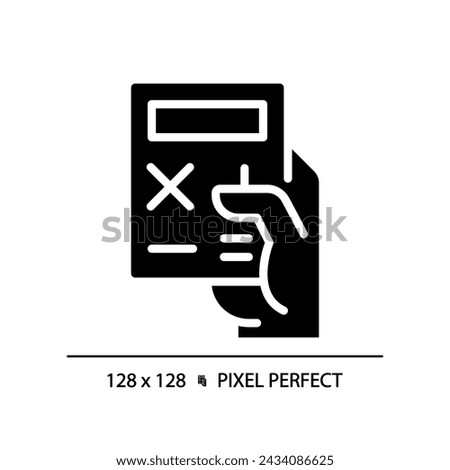 Hand with calculator pixel perfect black glyph icon. Electronic device for counting. Office and school digital tool. Silhouette symbol on white space. Solid pictogram. Vector isolated illustration