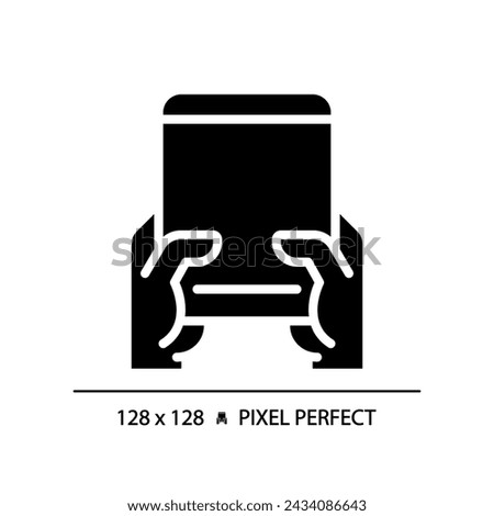 Hand with tablet pixel perfect black glyph icon. Person using mobile device. Browsing internet via personal gadget. Silhouette symbol on white space. Solid pictogram. Vector isolated illustration