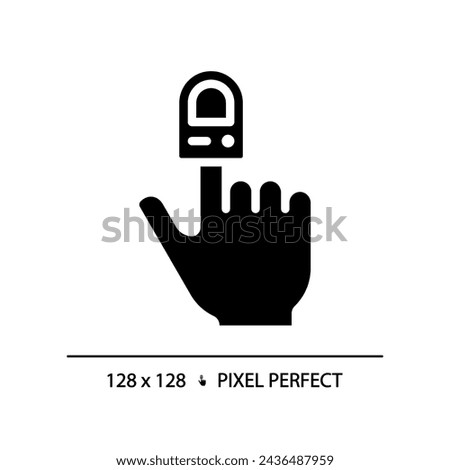 Pulse oximeter pixel perfect black glyph icon. Oxygen saturation. Heart rate. Health assessment. Medical test. Silhouette symbol on white space. Solid pictogram. Vector isolated illustration