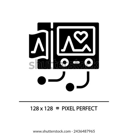 Ecg machine pixel perfect black glyph icon. Cardiac monitoring. Heart rate. Health check up. Diagnostic testing. Silhouette symbol on white space. Solid pictogram. Vector isolated illustration