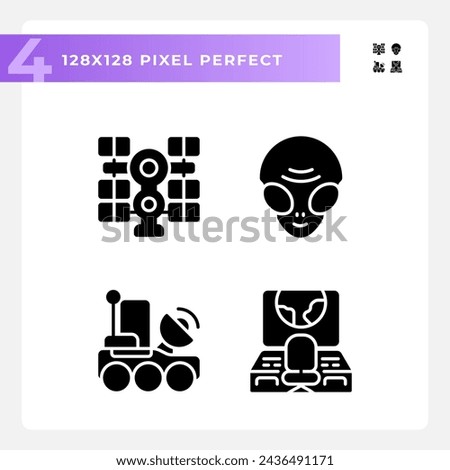 Sci fi pixel perfect black glyph icons set on white space. Space mission. Cosmic galaxy. Science fiction. Extraterrestrial life. Silhouette symbols. Solid pictogram pack. Vector isolated illustration