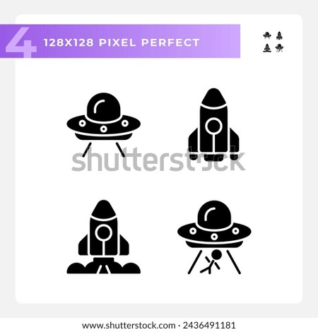 Extraterrestrial life pixel perfect black glyph icons set on white space. Space exploration. First contact. Science fiction. Silhouette symbols. Solid pictogram pack. Vector isolated illustration