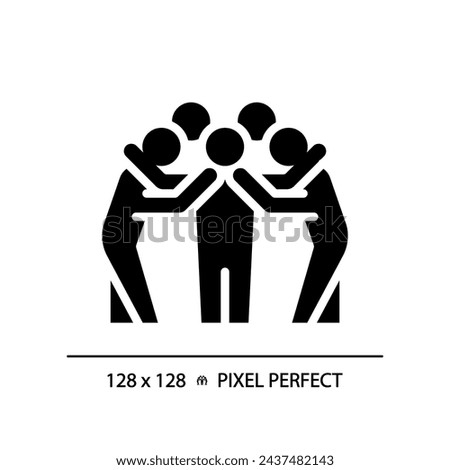 Team huddle black glyph icon. Unity in sports. American football. Motivation for players. Strategy discussion. Silhouette symbol on white space. Solid pictogram. Vector isolated illustration