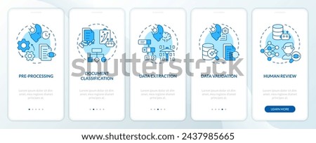 Document processing steps onboarding mobile app screen. Walkthrough 5 steps editable graphic instructions with linear concepts. UI, UX, GUI template. Myriad Pro-Bold, Regular fonts used