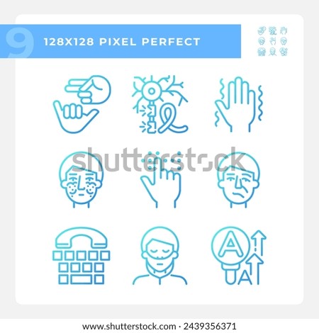 Neurology disease gradient linear vector icons set. Deaf nonverbal communication. Face paralysis, genetic disorder. Thin line contour symbol designs bundle. Isolated outline illustrations collection