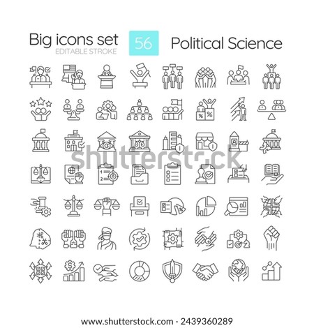 Political science linear icons set. Branch government structure. Social institutions regulation, democracy. Customizable thin line symbols. Isolated vector outline illustrations. Editable stroke