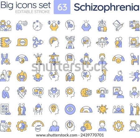 Schizophrenia disorder RGB color icons set. Neurocognitive disease, mental health. Psychiatry condition. Isolated vector illustrations. Simple filled line drawings collection. Editable stroke