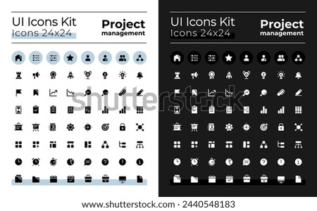 Project management glyph ui icons kit for dark, light mode. Task solving. Silhouette symbols for night, day themes. Solid pictograms. Vector isolated illustrations. Poppins font used