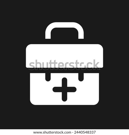 Briefcase with plus pixel dark mode glyph ui icon. Business communication. User interface design. White silhouette symbol on black space. Solid pictogram for web, mobile. Vector isolated illustration