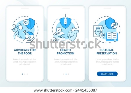 Roles of NGOs blue onboarding mobile app screen. Human rights walkthrough 3 steps editable graphic instructions with linear concepts. UI, UX, GUI template. Myriad Pro-Bold, Regular fonts used