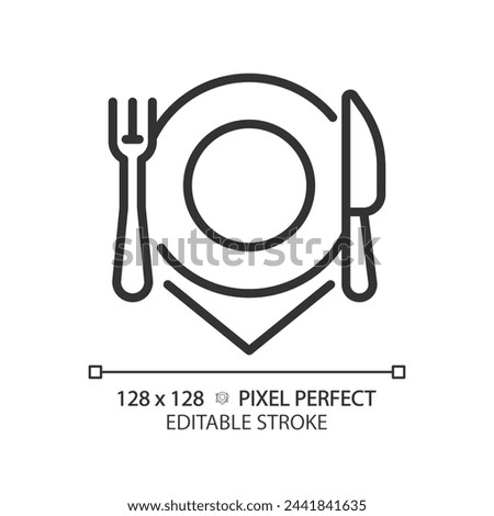 Restaurant cutlery place setting pixel perfect linear icon. Customer service, dining experience. Cooking equipment. Thin line illustration. Contour symbol. Vector outline drawing. Editable stroke