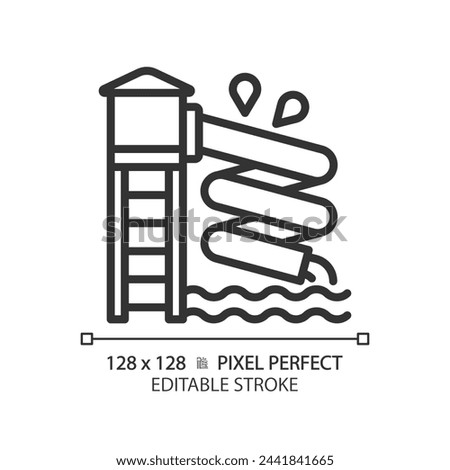 Waterslide pixel perfect linear icon. Aqua park attraction. Family vacation. Leisure activity. Water playground. Thin line illustration. Contour symbol. Vector outline drawing. Editable stroke