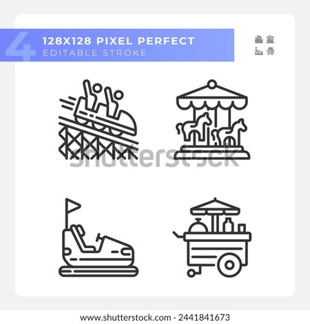 Riding amusement pixel perfect linear icons set. Fairground attraction. Adrenaline vacation. Roundabout carousel. Customizable thin line symbols. Isolated vector outline illustrations. Editable stroke