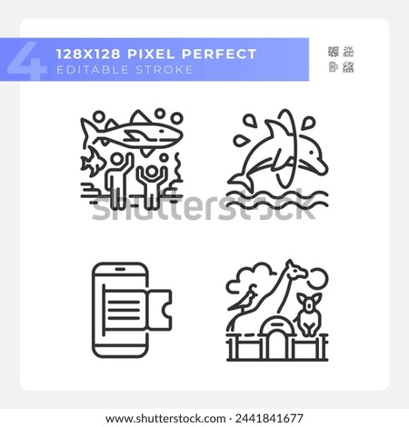 Zoo exhibit pixel perfect linear icons set. Online booking. Aquatic show, animal habitats. Zoological park. Customizable thin line symbols. Isolated vector outline illustrations. Editable stroke