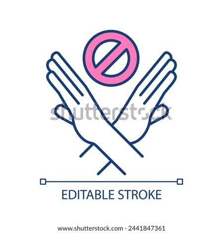 Crossed hands gesture RGB color icon. Forbidden sign. Stop signal. Show prohibition. Personal limitations. Isolated vector illustration. Simple filled line drawing. Editable stroke. Arial font used