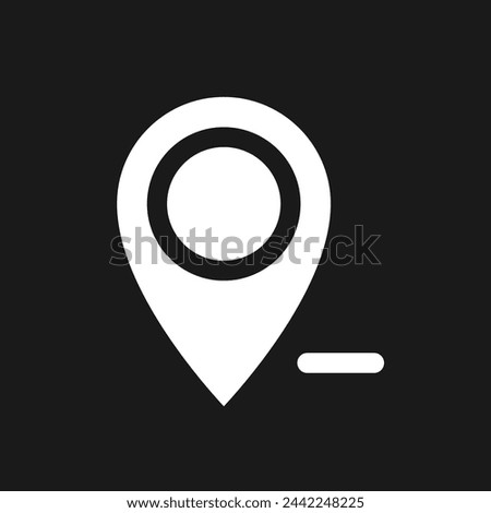 Remove pin from map dark mode glyph ui icon. Unpin location. User interface design. White silhouette symbol on black space. Solid pictogram for web, mobile. Vector isolated illustration
