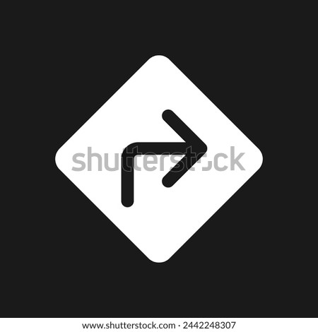 Road sign with turning right direction dark mode glyph ui icon. User interface design. White silhouette symbol on black space. Solid pictogram for web, mobile. Vector isolated illustration