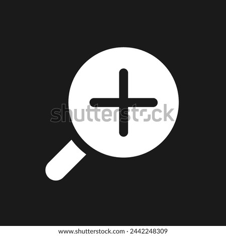 Magnifying glass with plus for map dark mode glyph ui icon. Zoom in text. User interface design. White silhouette symbol on black space. Solid pictogram for web, mobile. Vector isolated illustration