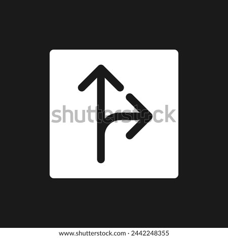 Straight and turn right traffic sign dark mode glyph ui icon. User interface design. White silhouette symbol on black space. Solid pictogram for web, mobile. Vector isolated illustration