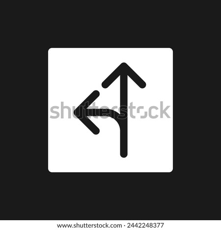Straight and turn left traffic sign dark mode glyph ui icon. Destination. User interface design. White silhouette symbol on black space. Solid pictogram for web, mobile. Vector isolated illustration