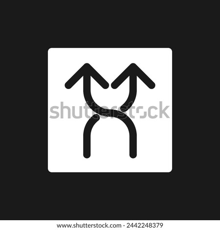 Highway intersection ahead arrows dark mode glyph ui icon. Road sign. User interface design. White silhouette symbol on black space. Solid pictogram for web, mobile. Vector isolated illustration