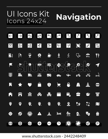 Tracking location white glyph ui icons set for dark mode. Silhouette symbols on black background. Solid pictograms for web, mobile. Vector isolated illustrations. Montserrat Bold, Light fonts used