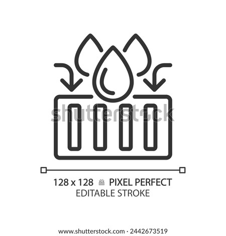 Stormwater runoff linear icon. Urban water management. Flood control. Storm sewer system. Thin line illustration. Contour symbol. Vector outline drawing. Editable stroke. Pixel perfect