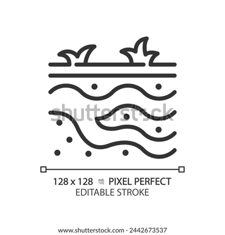 Groundwater linear icon. Subsurface water. Natural resource. Soil layers. Hydrology study. Thin line illustration. Contour symbol. Vector outline drawing. Editable stroke. Pixel perfect