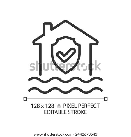 Flood protection linear icon. House with checkmark above water. Water damage prevention. Thin line illustration. Contour symbol. Vector outline drawing. Editable stroke. Pixel perfect