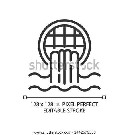 Storm drain linear icon. Wastewater runoff. Water management. Flood prevention. Urban infrastructure. Thin line illustration. Contour symbol. Vector outline drawing. Editable stroke. Pixel perfect